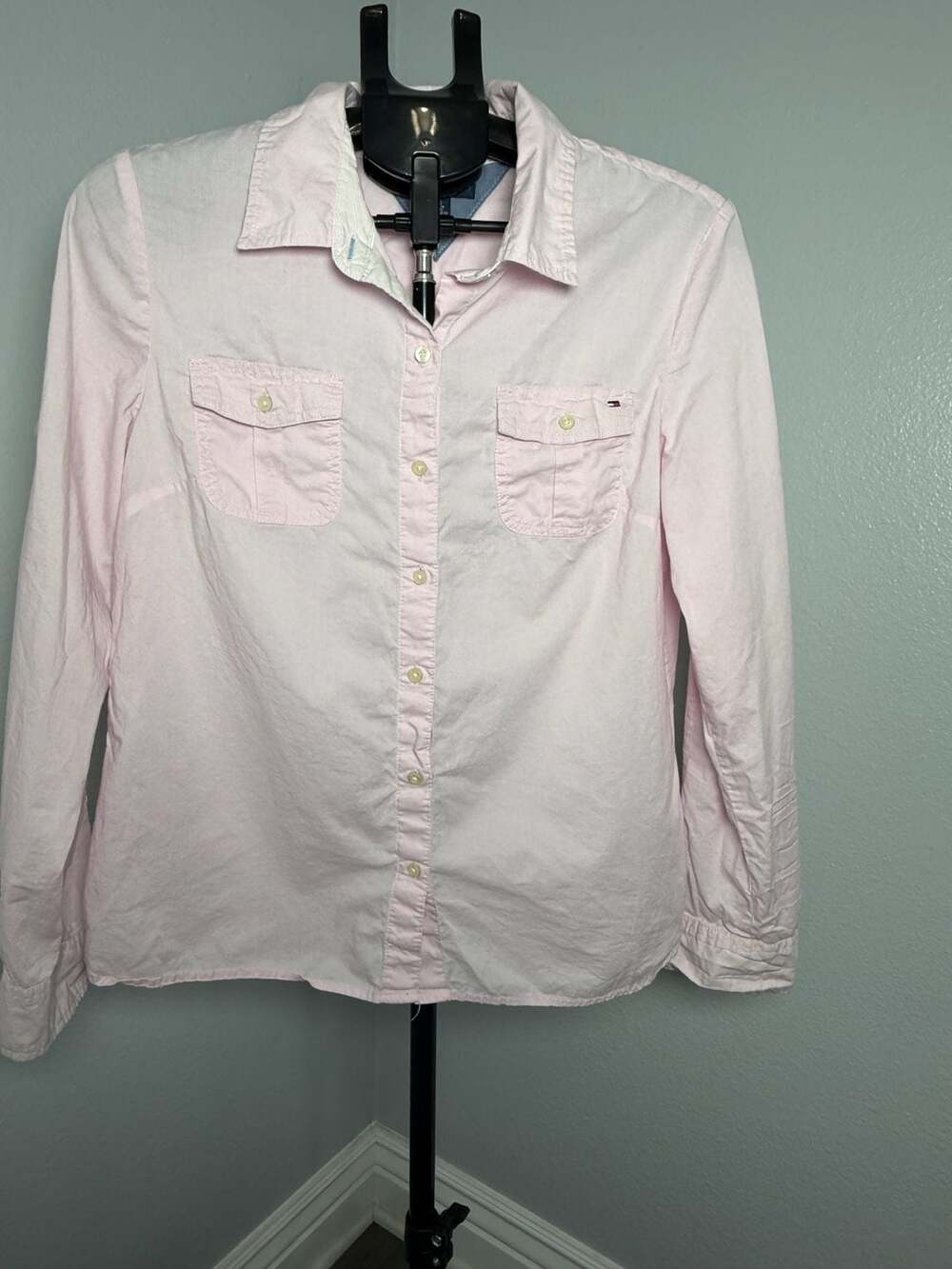 Tommy Hilfiger Button Down Blouse Size L Pink Long Sleeve Cotton